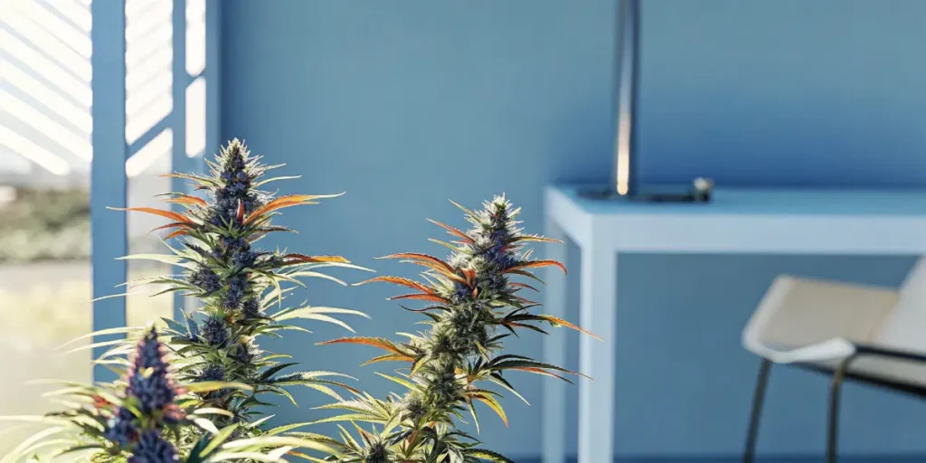 Hyper-realistic scene of two cannabis hybrid plants with colorful buds in a modern indoor setting.