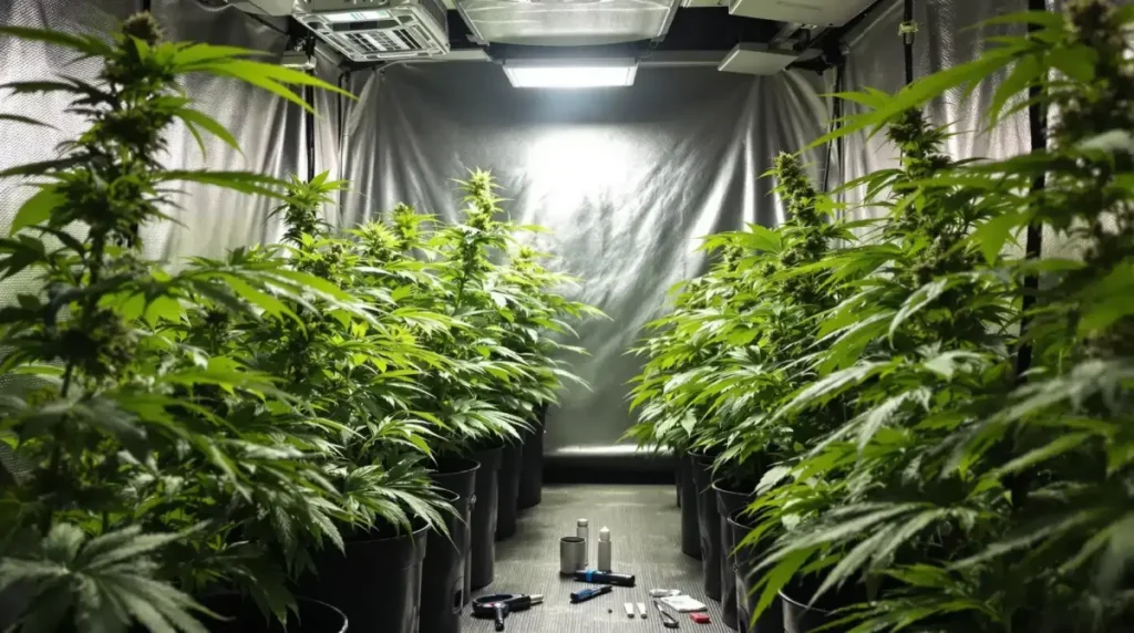 Indoor cannabis grow room setup, highlighting healthy plants under controlled lighting for mildew prevention.