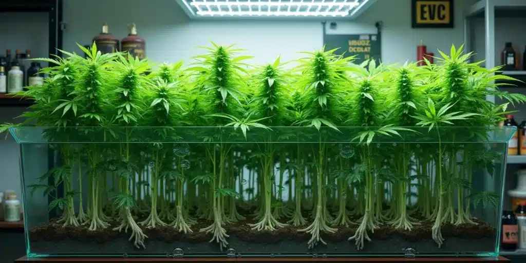 Healthy cannabis plants growing in a deep water culture setup under LED lights.