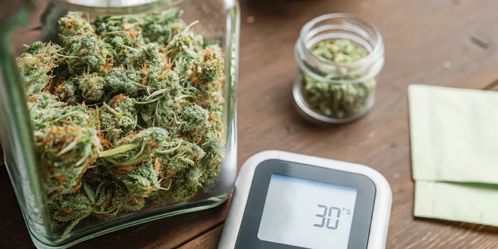 Hyper-realistic image of a digital hygrometer showing "30" next to a large jar of cannabis buds, on a wooden surface.