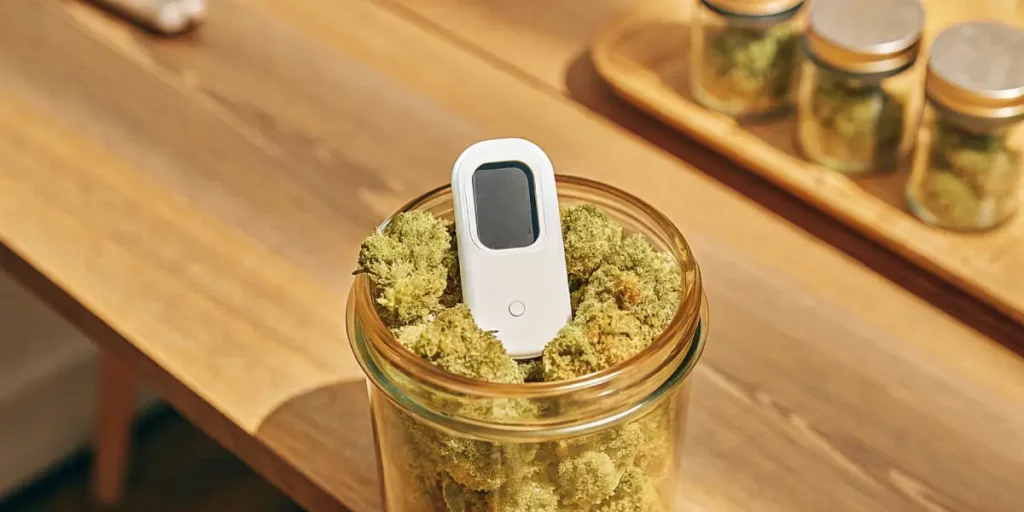 Hyper-realistic image of a white digital hygrometer inside a glass jar filled with dried cannabis buds, on a wooden table.
