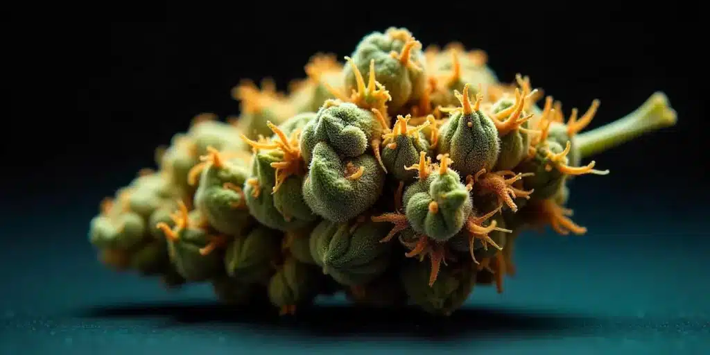 A macro shot of cannabis trichomes in an overripe stage, displaying excessive amber coloring, curled pistils, and a diminished cannabinoid profile, affecting the plant’s potency.