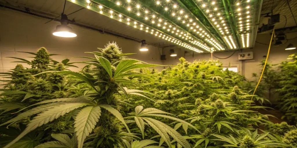Hyper-realistic scene of a lush indoor cannabis grow room densely filled with mature plants under bright overhead LED lights.