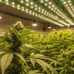Hyper-realistic scene of a lush indoor cannabis grow room densely filled with mature plants under bright overhead LED lights.
