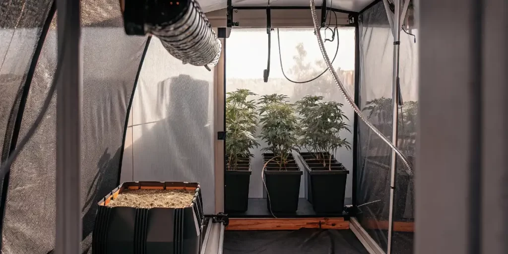 Cannabis plants in pots growing inside a modern indoor cultivation tent.
