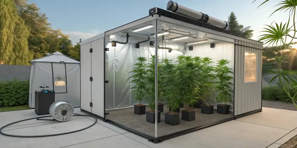 A modern indoor setup for growing cannabis with plants under controlled lighting in a growing tent.