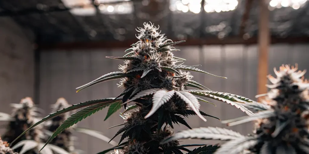 Resinous cannabis buds growing indoors in a controlled environment.