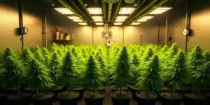 Indoor autoflower cannabis grow in week 7 with no buds on plants.