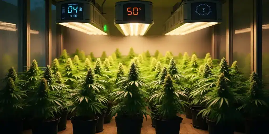 Indoor cannabis grow room with rows of lush plants, and overhead lights displaying "04" and "50" readings on controls.