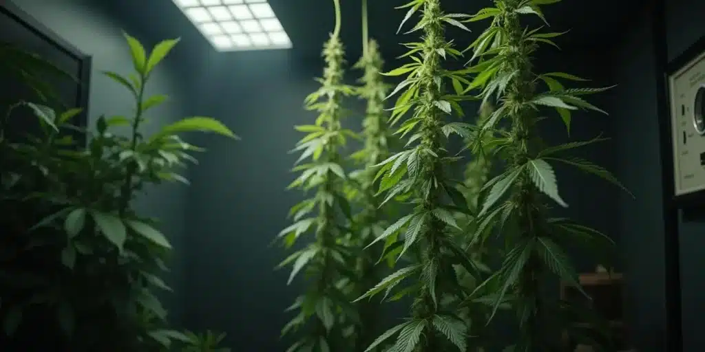 Indoor cannabis plants during autoflower week 8 under LED lighting.