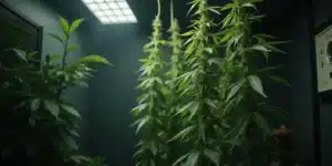 Indoor cannabis plants during autoflower week 8 under LED lighting.