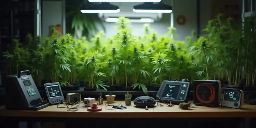 Indoor cannabis plants with temperature and humidity monitoring tools on a table.