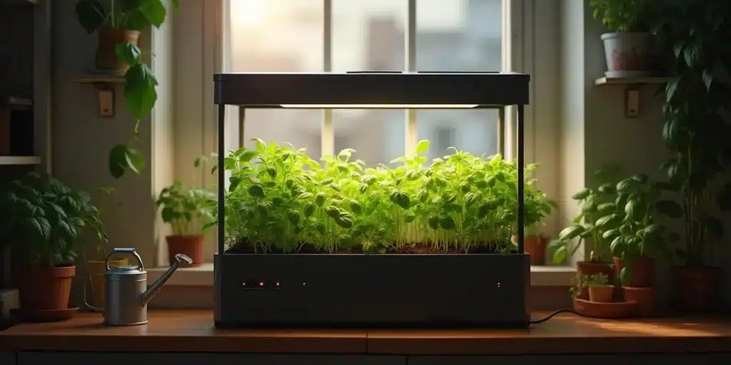 Indoor grow box filled with lush green herbs placed on a wooden table by a window.