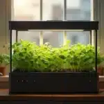 Indoor grow box filled with lush green herbs placed on a wooden table by a window.