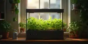 Indoor grow box filled with lush green herbs placed on a wooden table by a window.