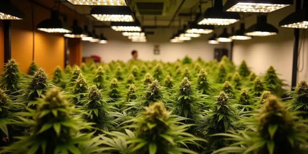 Indoor grow room with autoflower plants at week 10 under LED lights.