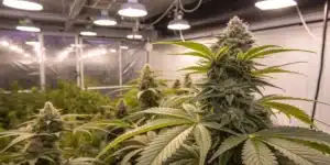 Indoor grow room with Lemon Garlic Weed cannabis plants featuring dense buds under bright overhead lights.