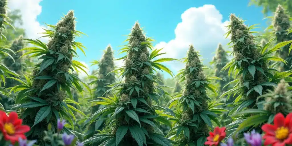 Outdoor cannabis plants with dense buds under clear blue skies, featuring the best autoflower outdoor varieties.