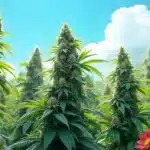 Outdoor cannabis plants with dense buds under clear blue skies, featuring the best autoflower outdoor varieties.