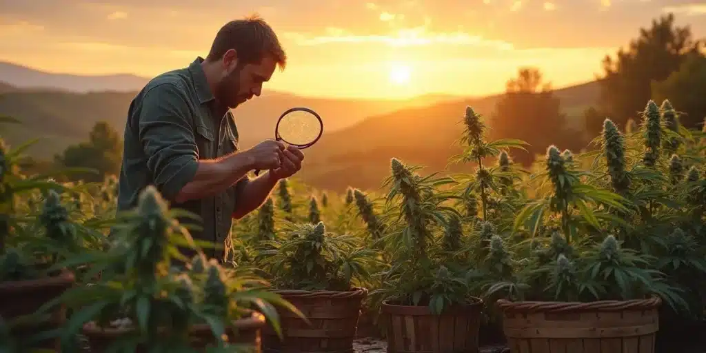 Man inspecting cannabis plants with a magnifying glass at sunset, showcasing best autoflower outdoor strains in a scenic field.