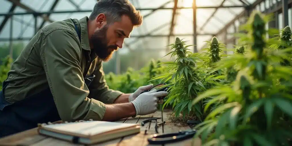 Man inspecting cannabis plants in a greenhouse for bud rot prevention.