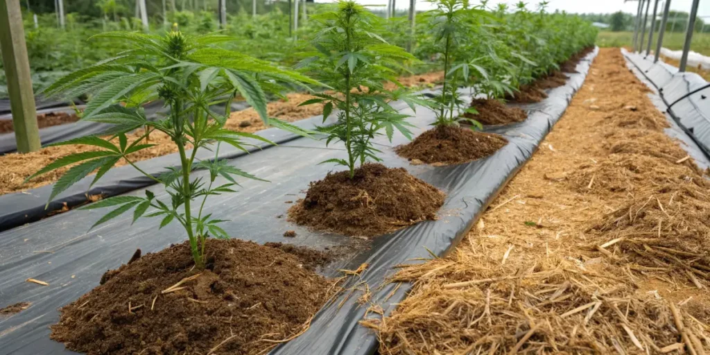 Hyper-realistic close-up of young plants in planter boxes filled with reddish-brown fibrous mulch, with more plants blurred in the background.