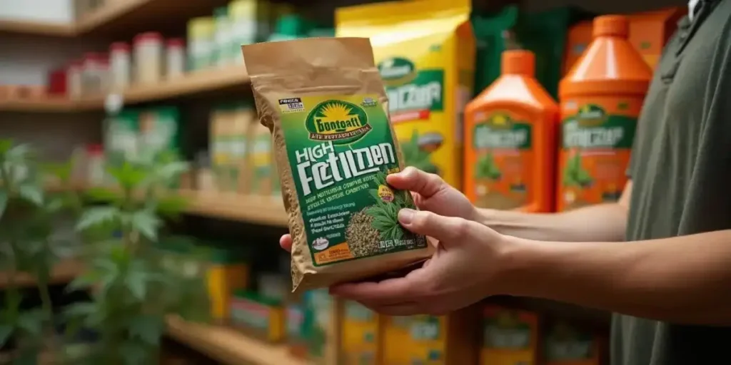 holding cannabis-specific fertilizer bag in hydroponic supply store