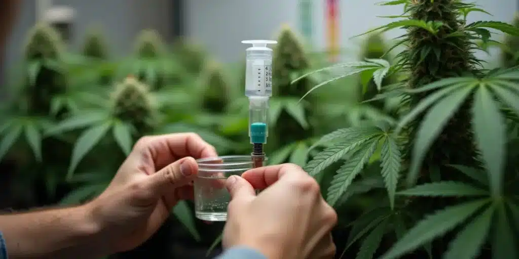 Nutrient solution being prepared for autoflower plants in week 7 without buds.