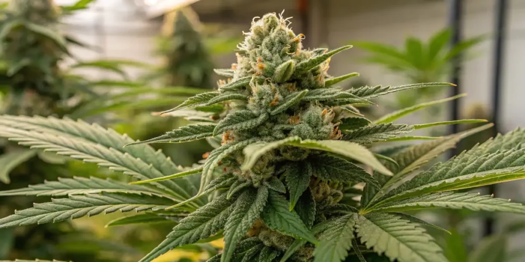 Close-up of OG Glue cannabis buds surrounded by bright green leaves, covered in frosty trichomes and orange pistils.