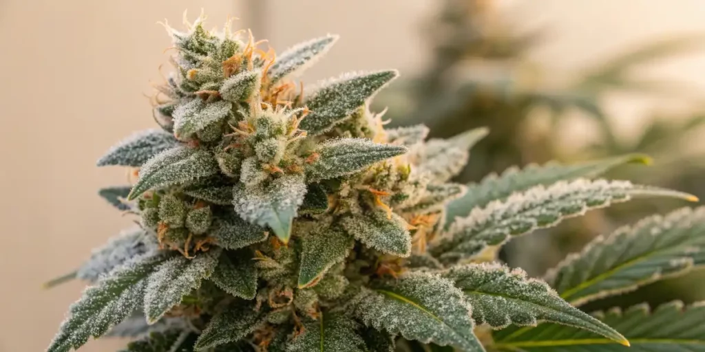 OG Glue cannabis buds with frosted trichomes and orange pistils, captured under soft lighting.