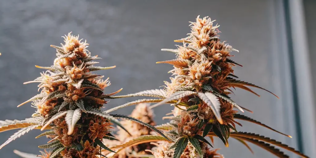 OG Glue cannabis buds with frosted trichomes and vibrant orange pistils under soft lighting.