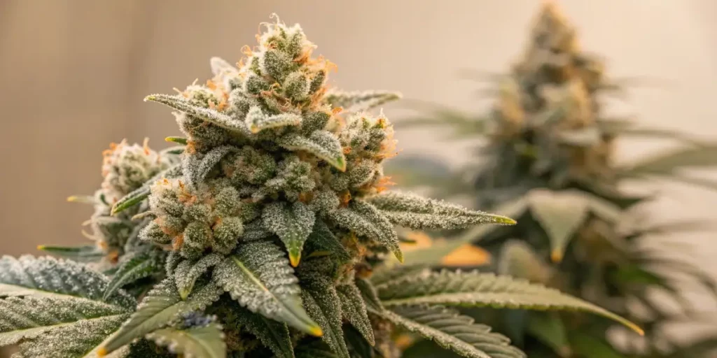 Close-up of OG Glue cannabis buds, showing thick resin coating and vibrant green and orange hues.