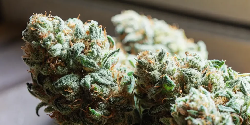 Close-up of OG Glue cannabis buds showing a thick resin coating and rich green and orange hues.