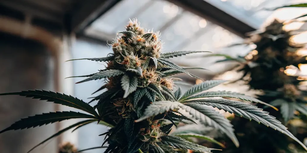 OG Glue cannabis buds with a thick resin coating and vibrant orange pistils, growing in a greenhouse with natural light.