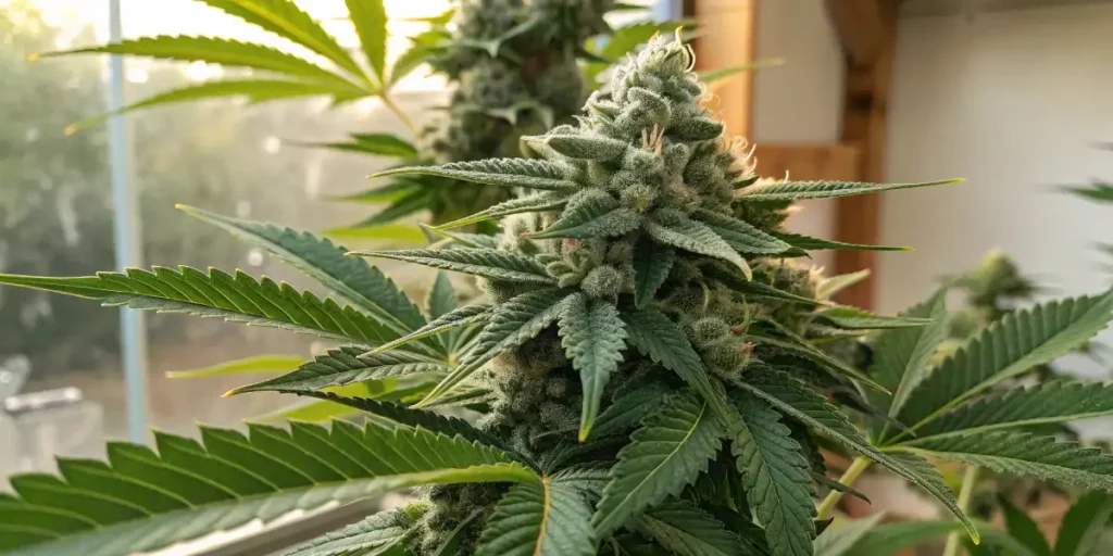 OG Glue cannabis plant with frosted buds and resin-covered trichomes in a bright indoor setting.