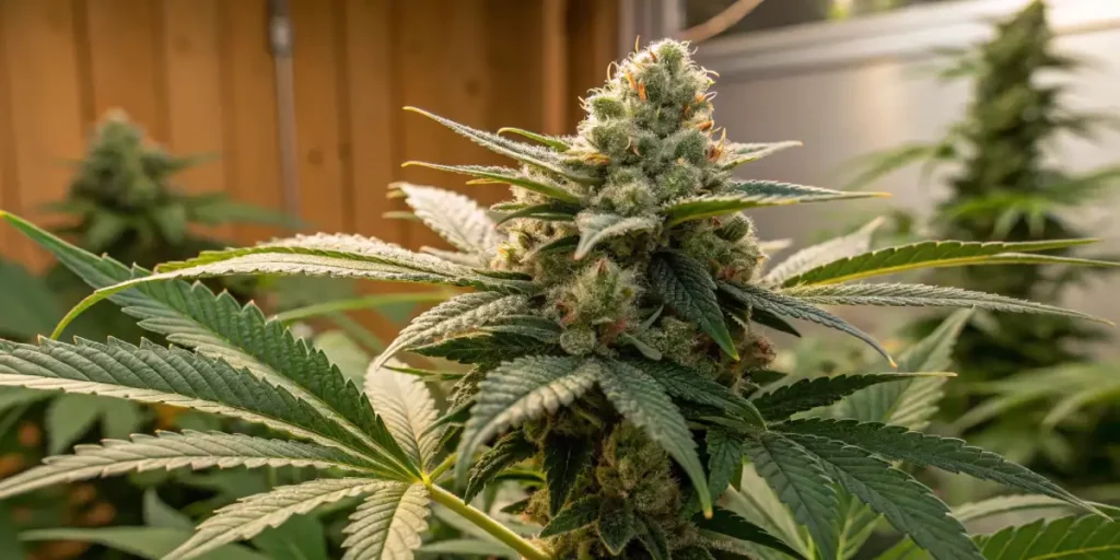 OG Glue cannabis plant with resin-coated buds, showcasing dense trichomes and vibrant orange pistils under soft lighting.