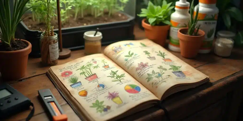 Open book with plant illustrations on a wooden table surrounded by growing tools and small pots.