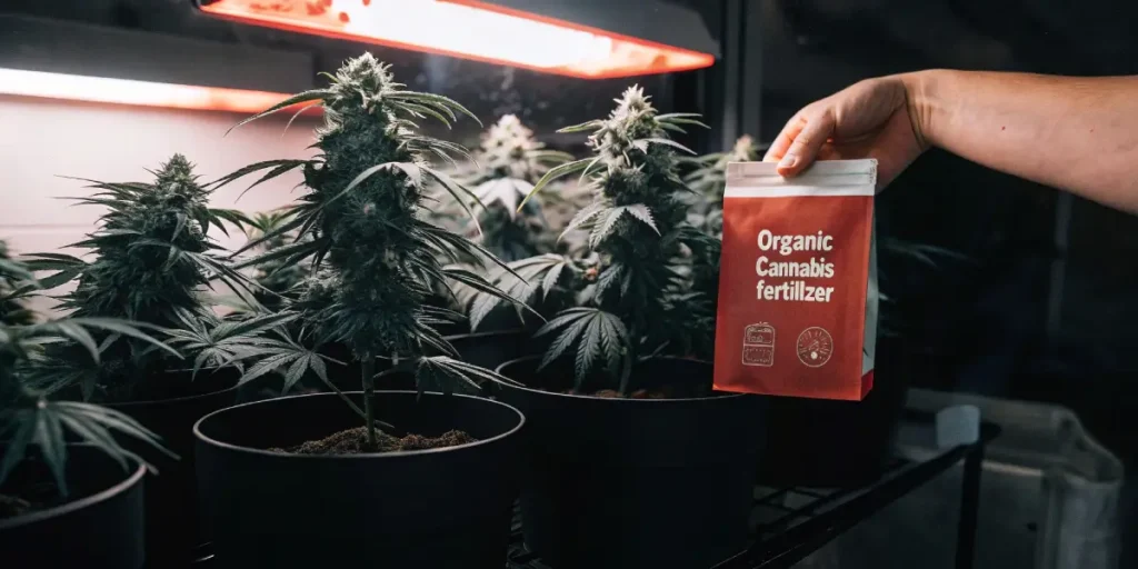 Hand holding an "Organic Cannabis Fertilizer" bag above lush potted cannabis plants under red grow lights.