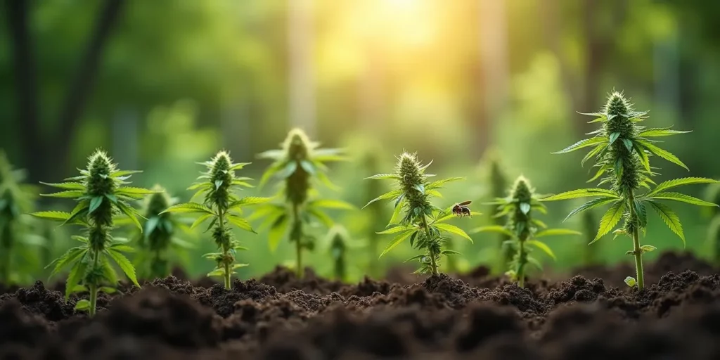 Bags of organic cannabis soil mix with essential nutrients, displayed alongside lush marijuana plants for optimal growth.