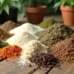 Organic ingredients for the best potting soil for growing weed laid on a wooden table.