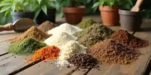 Organic ingredients for the best potting soil for growing weed laid on a wooden table.