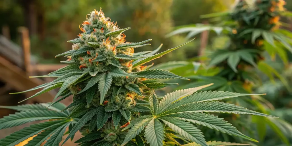 Outdoor cannabis bud with vibrant orange hairs and surrounding green leaves.