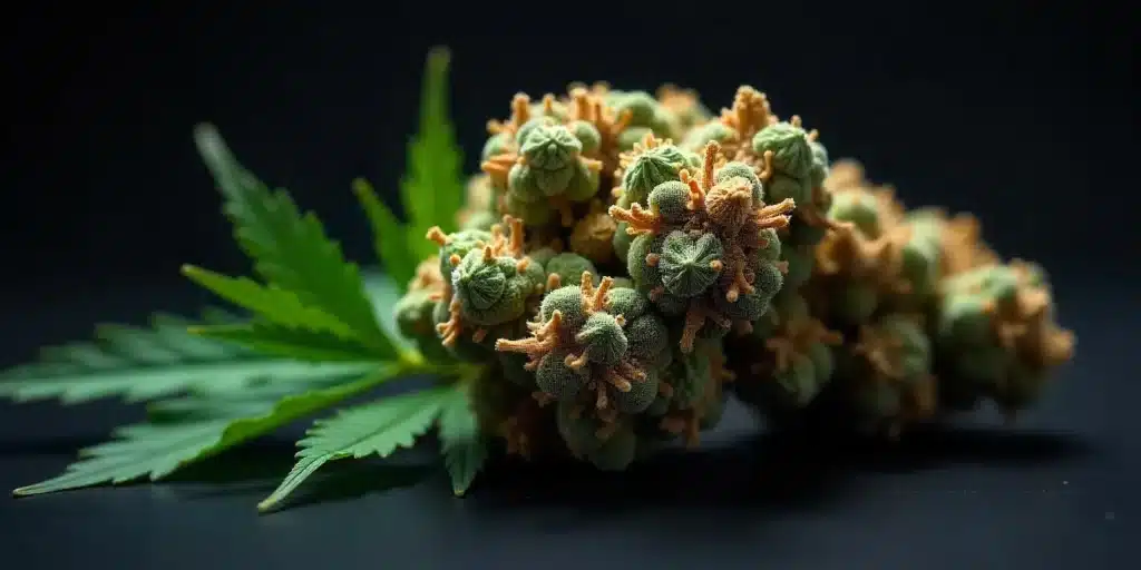 A close-up of a cannabis bud with overripe trichomes, showing amber and darkened gland heads, indicating THC degradation and potential loss of potency.