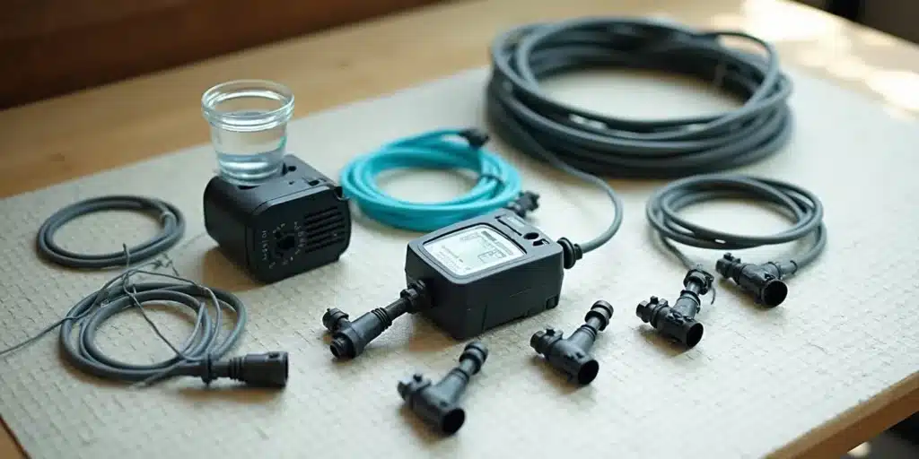 Parts of automatic watering system for grow tent setup