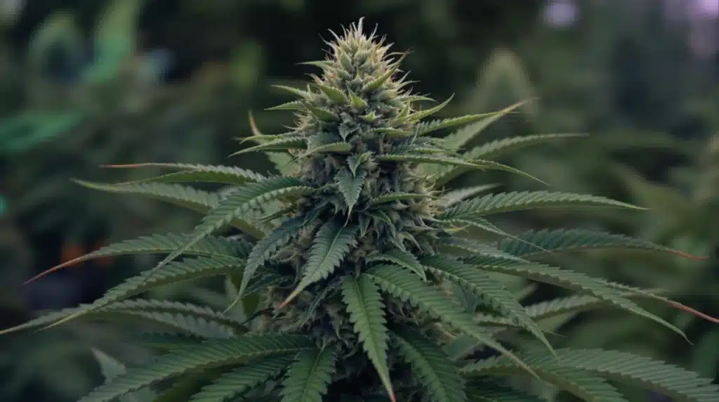 Cannabis plants with glistening trichomes and bright green foliage, basking in warm sunlight in a misty forest setting