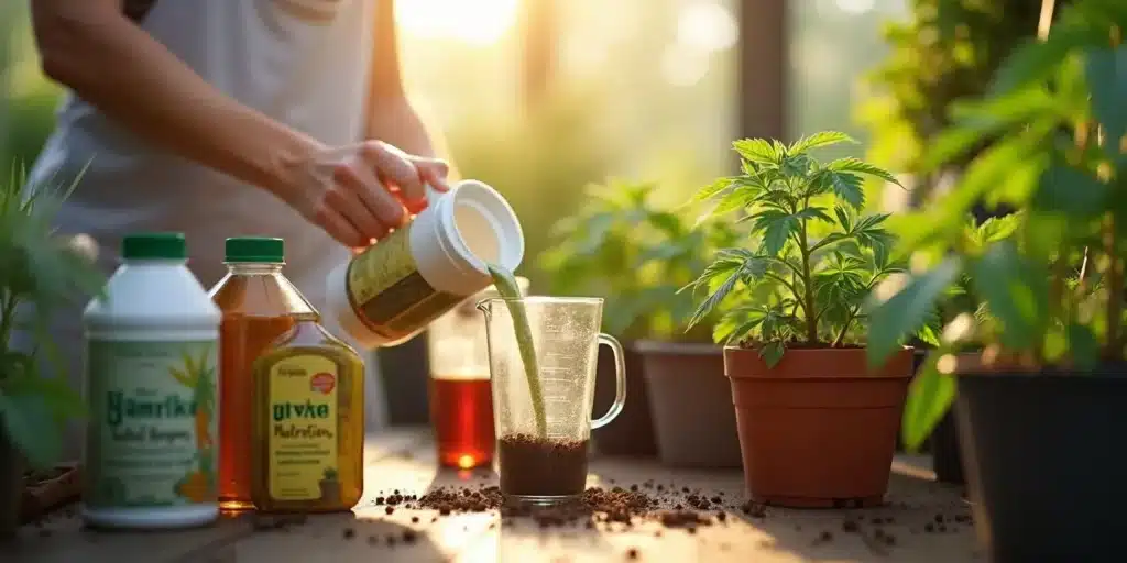 Preparing nutrients for cannabis plants during autoflower week 8.