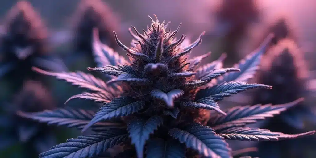 Field of purple cannabis strains with rich hues of green and red, illuminated by golden sunlight in a serene environment