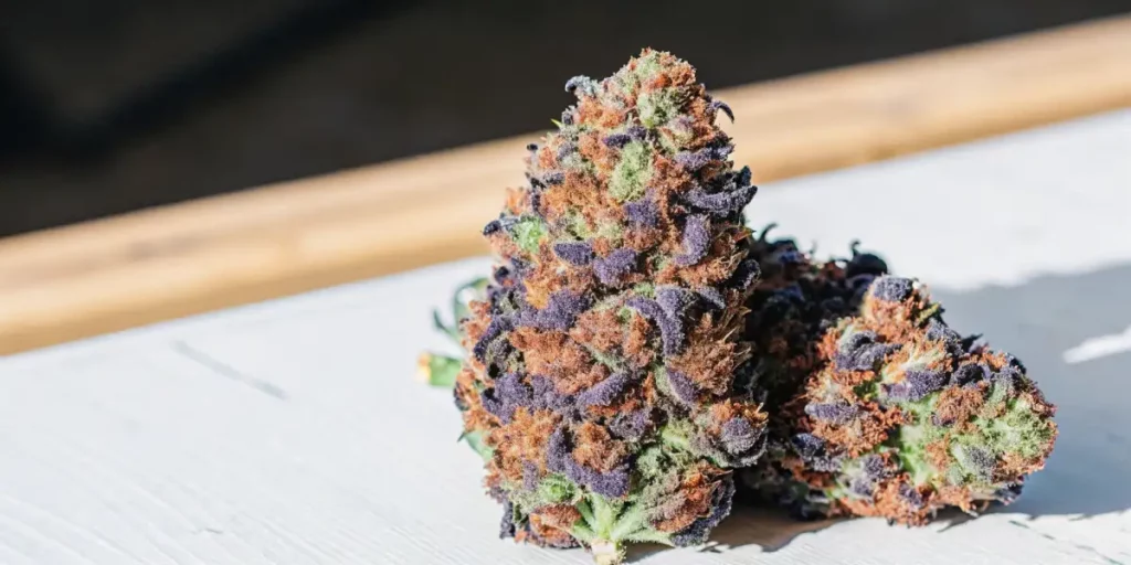 Purple cannabis bud surrounded by leaves in a grow room.