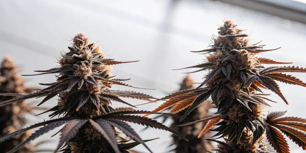 Hyper-realistic macro photograph of dark purple cannabis buds with orange pistils against a bright, blurred background.