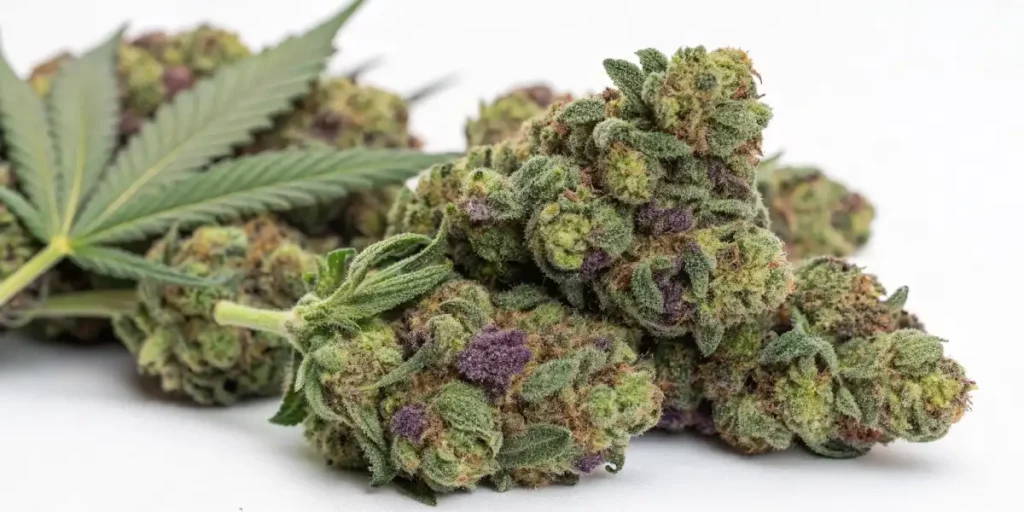Close-up of purple cannabis buds showcasing vibrant green and purple hues with frosty trichomes.